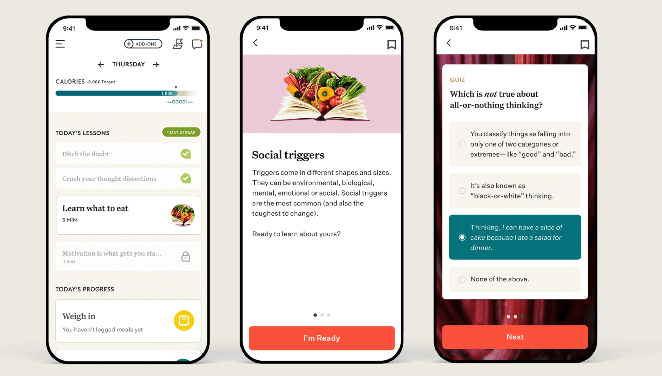 Three phone screens show a wellness app interface. The first screen displays calorie tracking and daily lessons with checkmarks beside completed ones. The second screen explains “Social triggers” with an image of vegetables in an open book. The third screen shows a quiz question about all-or-nothing thinking with multiple choice answers and a red “Next” button at the bottom.
